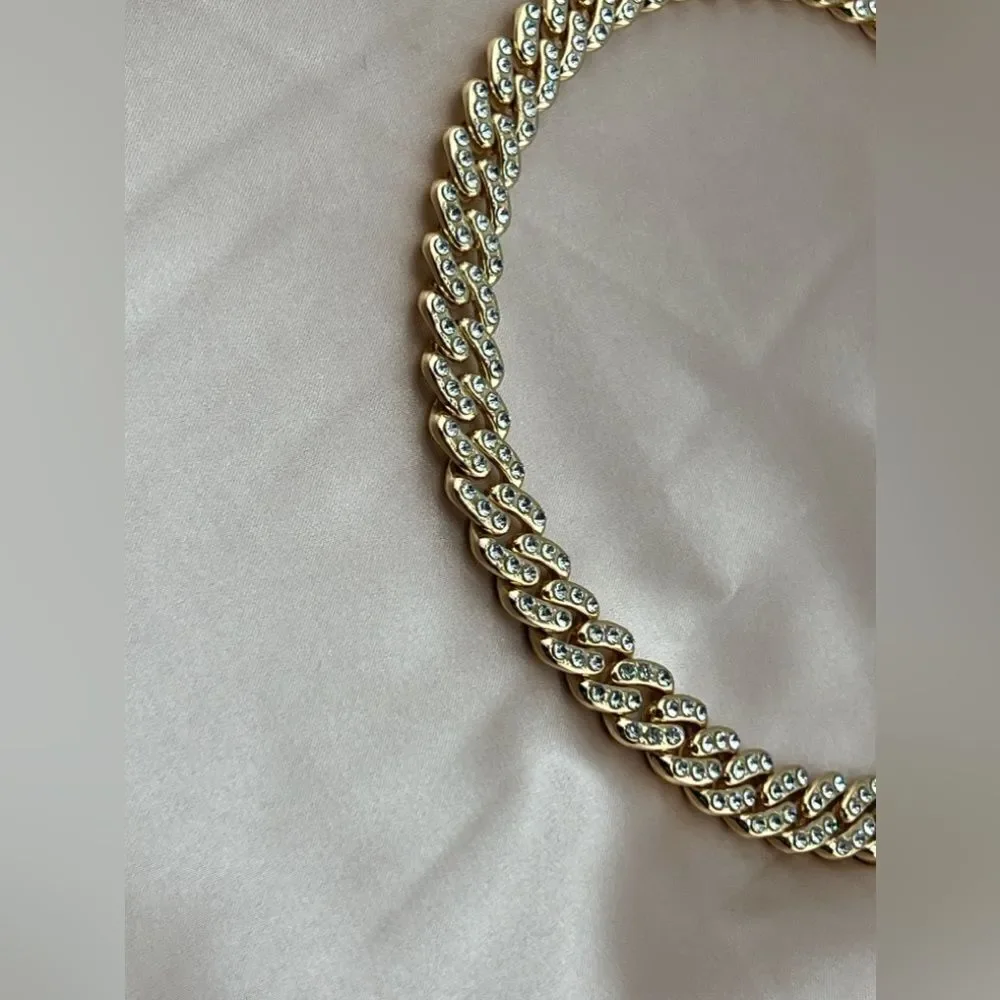 Gold-Tone Cuban Link Chain Necklace with Rhinestones